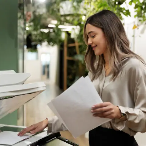 Office copier with digital graph shows controlled printing. Illustrates copier user quotas, boosting efficiency and cost control.