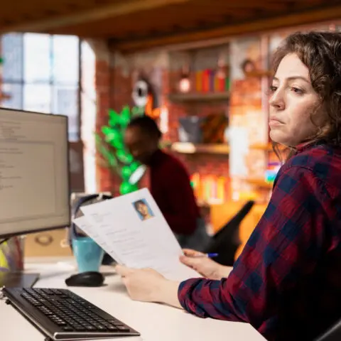 Employee uses document automation for SMEs on screen, solving worker shortage by maximising efficiency in a small business.