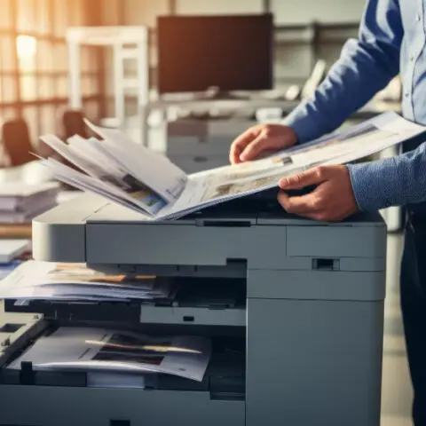 Printed emails overflowing a tray, illustrating Email Printing Anxiety. A hand hovers over the print button, showing inefficiency and waste.