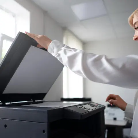 Professional woman operating an MFP with money visible, highlighting Multi-Function Printers Cost Savings to maximise office budget.