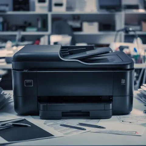 A modern office setting showing an old metal filing cabinet being phased out in favour of a sleek digital workstation where an AI-powered interface manages data, highlighting the digital document management benefits for SMEs in 2026.