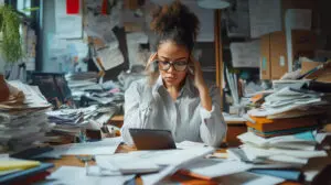 A stressed office worker sits at a desk overwhelmed by massive piles of paperwork and disorganized documents.