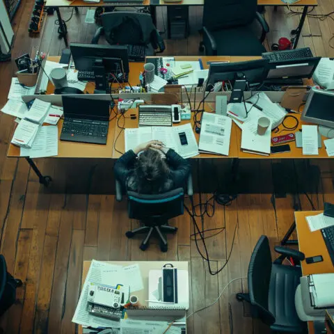 A stressed office worker sits at a desk with multiple monitors, illustrating workplace technology stress strategies UK.