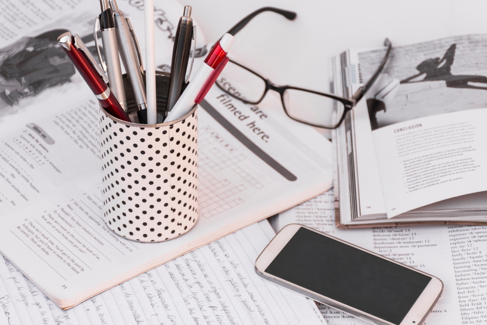 Organised office desk with document management tools