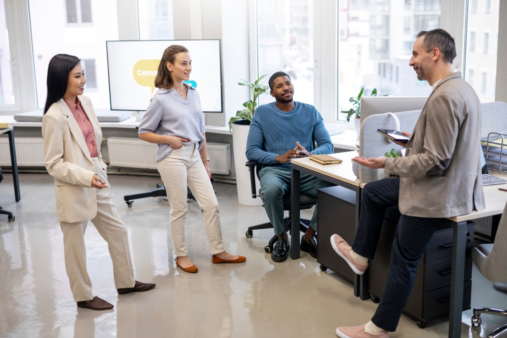 Office manager guiding a team brainstorming session