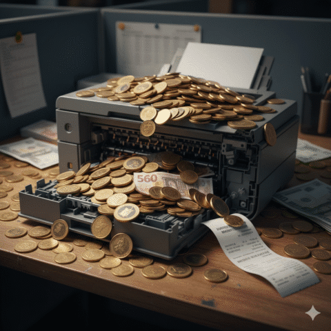 Coins/notes cover a broken printer, symbolising hidden costs of neglecting your print budget. Maximise efficiency.