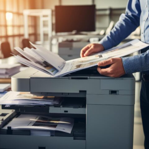 Printed emails overflowing a tray, illustrating Email Printing Anxiety. A hand hovers over the print button, showing inefficiency and waste.