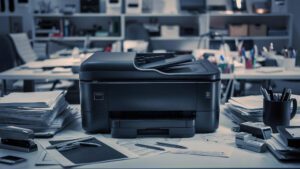 A modern office setting showing an old metal filing cabinet being phased out in favour of a sleek digital workstation where an AI-powered interface manages data, highlighting the digital document management benefits for SMEs in 2026.