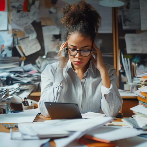A stressed office worker sits at a desk overwhelmed by massive piles of paperwork and disorganized documents.