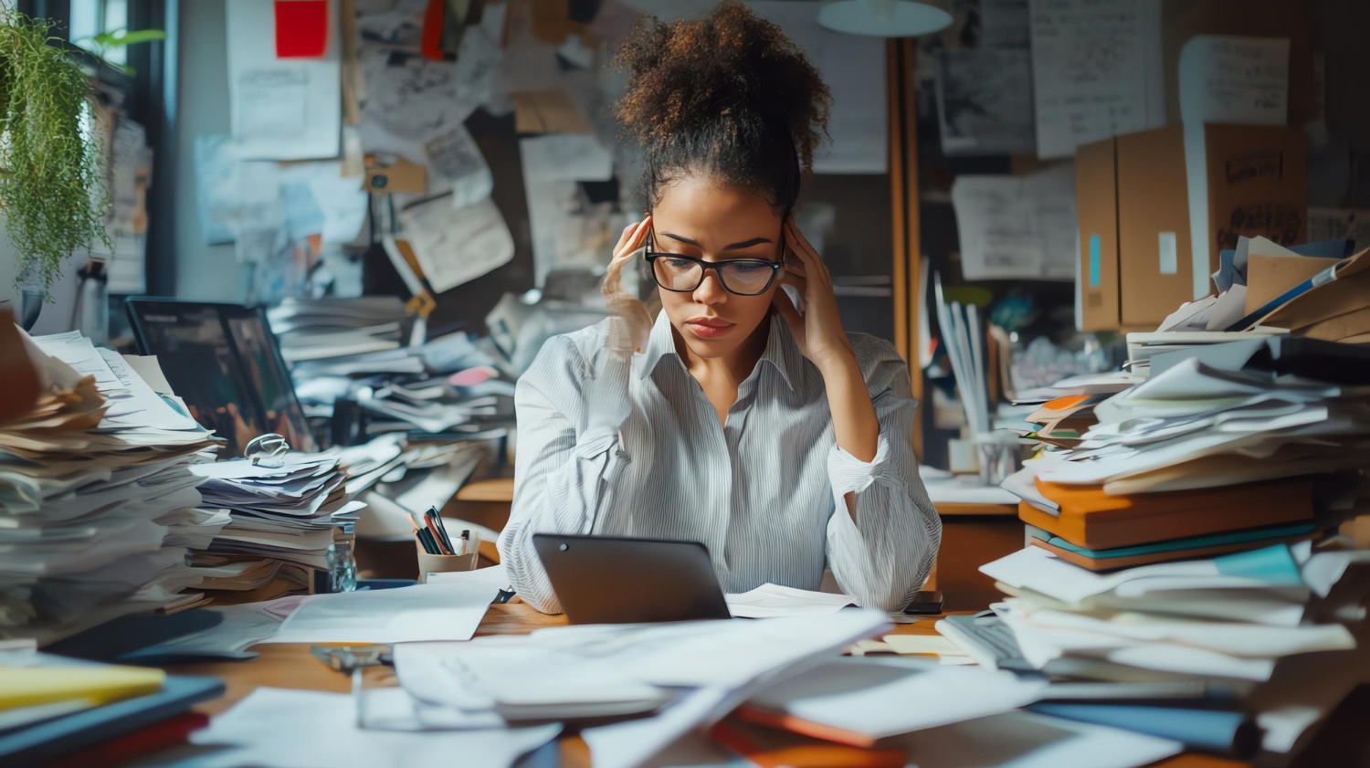A stressed office worker sits at a desk overwhelmed by massive piles of paperwork and disorganized documents.