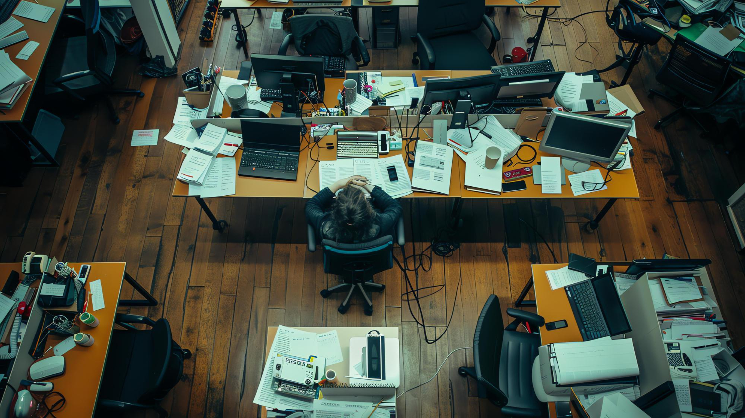 A stressed office worker sits at a desk with multiple monitors, illustrating workplace technology stress strategies UK.